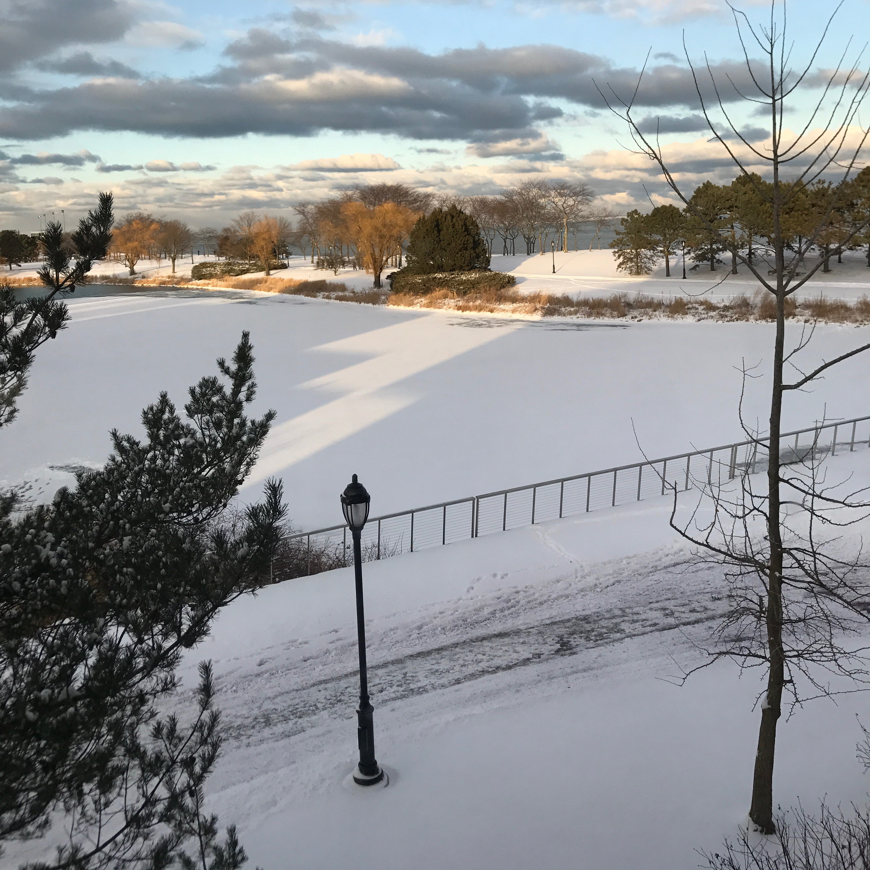 A lagoon on Northwestern's campus during the winter